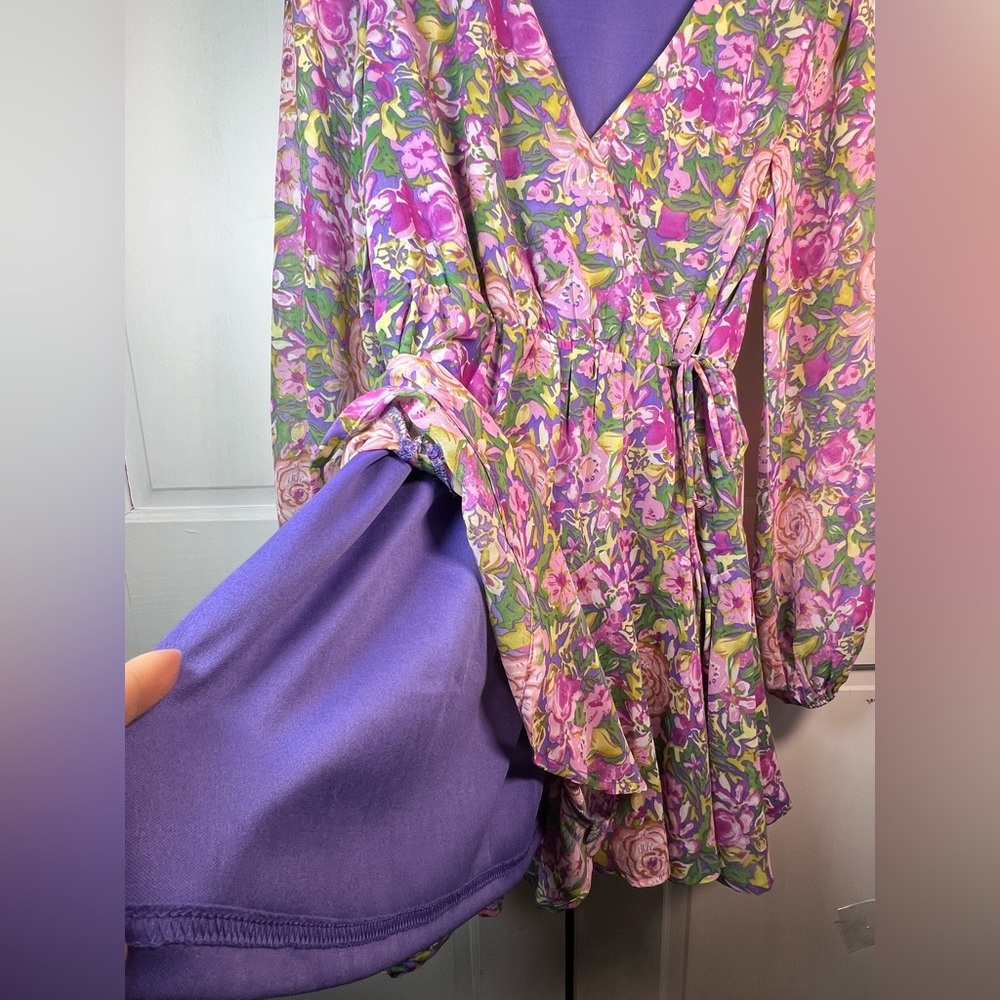 LUSH Floral Long Sleeve Faux Wrap Minidress Lined Size Medium - Picture 4 of 9